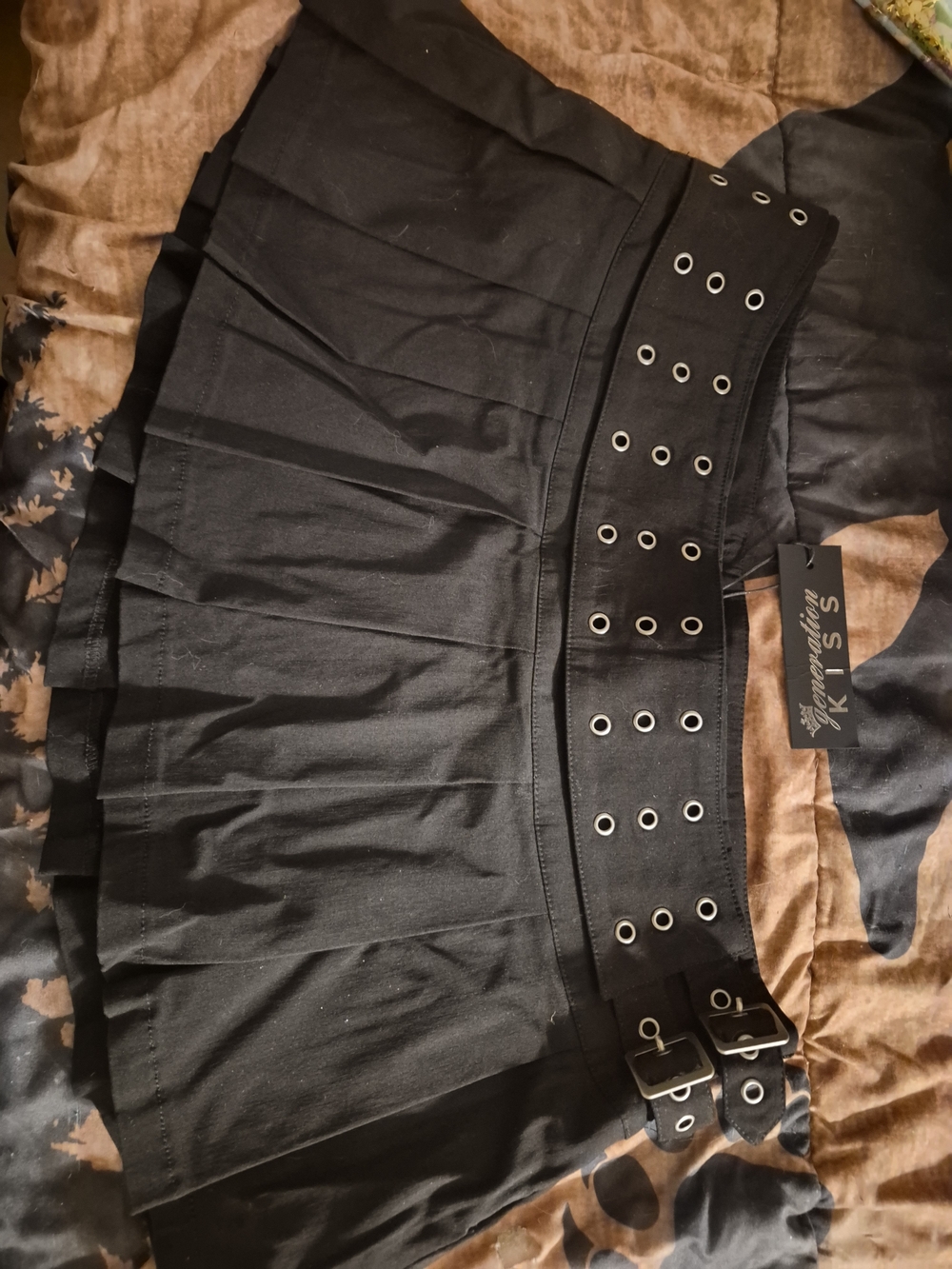 Dolls Kill Gen Kiss Black Pleated Mini Skirt with Double Buckle Grommet Waist